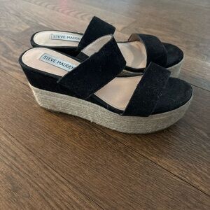 STEVE MADDEN Espadrille Wedge Size 6 Black Natural Slip On Jute Summer Casual